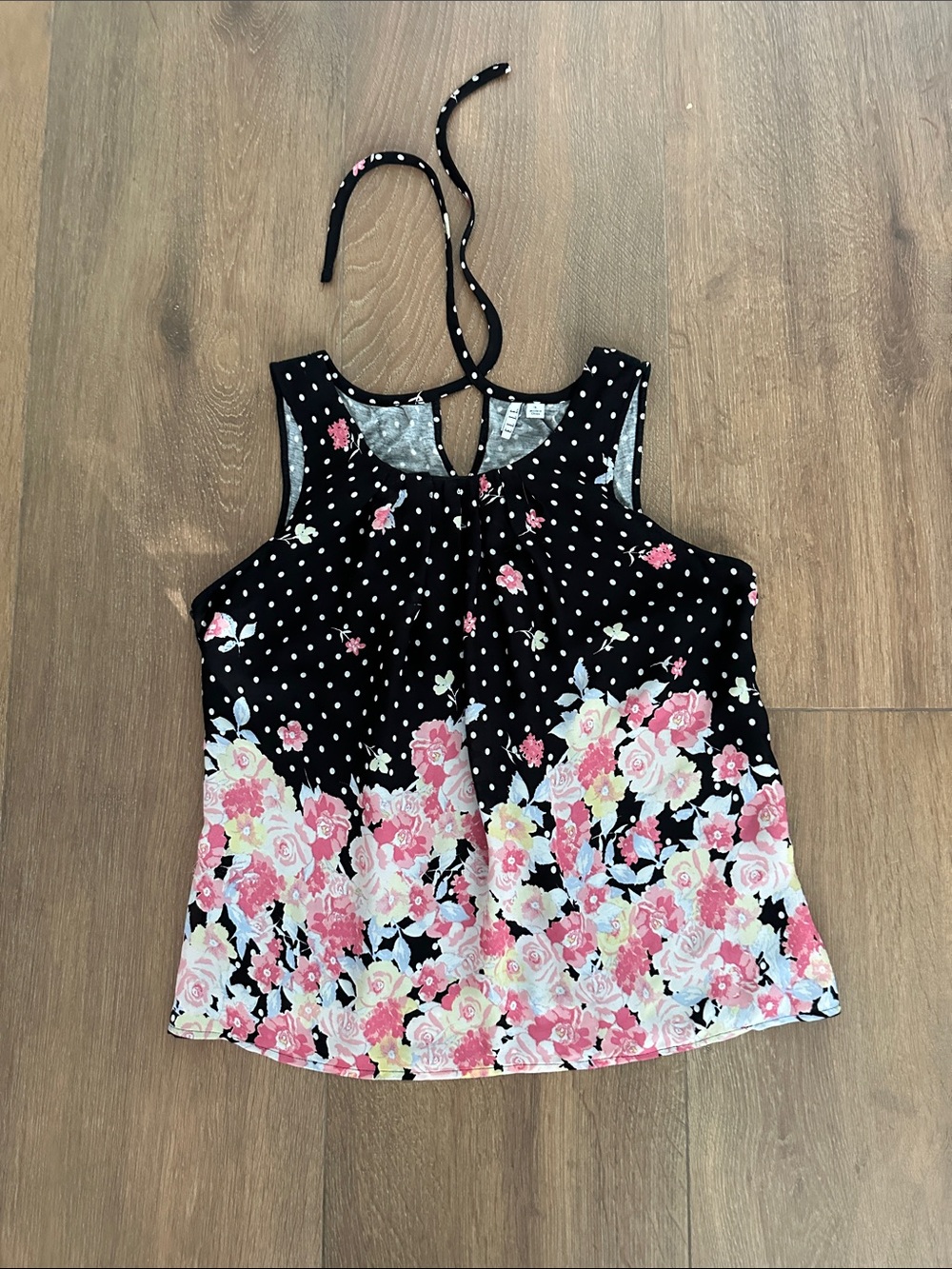 Elle Black Halter Camisole with Pink Floral & White Polka Dots. Size L.